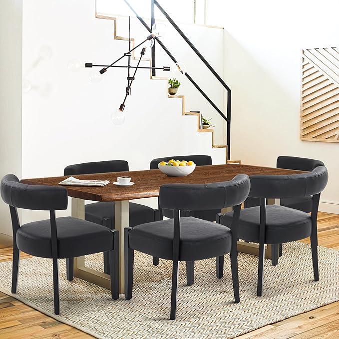 Modern Black Dining Chairs Set of 8, Faux Leather Upholstered Kitchen & Dining Room Chairs, Mid Century Modern Wooden Dining Chairs Oversized Sturdy Rounded Chairs Curved Back