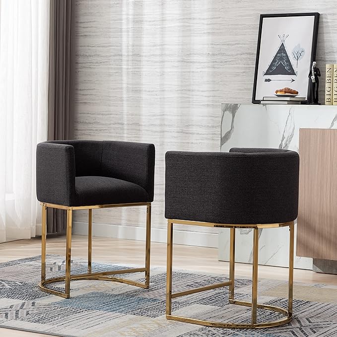 Linen Bar Stools Set of 3, 24" Contemporary Upholstered Fabric Counter Height Bar Stools Kitchen Counter Island Stools Barstools with Golden Metal Base, Charcoal