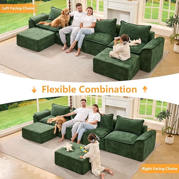 Hobestluk 152" Cloud Modular Sectional Couch 4-Seater Sofa with Ottomans U Shaped Couch Deep Seat Sofa with Removable Cover for Living Room (Green, 4-Seater Sofa with Two Ottomans)