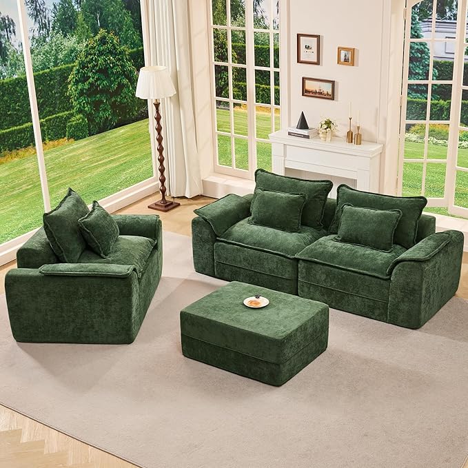 Hobestluk Cloud Single Sofa Memory Foam Couch with Deep Seat L Shaped Sofa with Removable Cover Large Couch for Living Room (Green, Single Sofa)