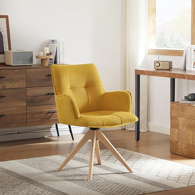 Art Leon Mid Century Modern Desk Chair - Fabric Upholstered Office Chair No Wheels, Swivel Armchair with Oak Wood Legs for Small Space Living Room Bedroom, Set of 2, Yellow