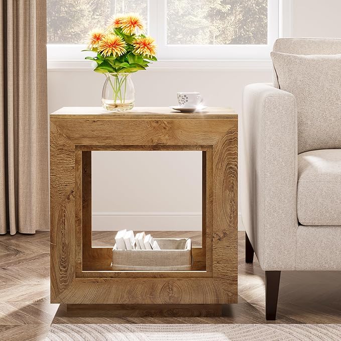 Tribesigns Rustic Brown End Table, 24" Side Table with Storage Shelf, Farmhouse Style Nightstand Bedside Table for Small Spaces, Bedroom, Living Room, Entryway, Easy Assembly (2, Natural)