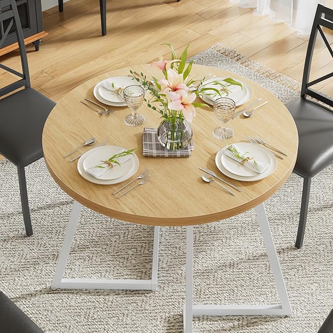 VECELO 35" Round Dining Table for 4, Wood-Grain Tabletop & Heavy-Duty Steel Frame, for Kitchen, Living Room, Easy Assembly, Natural & White