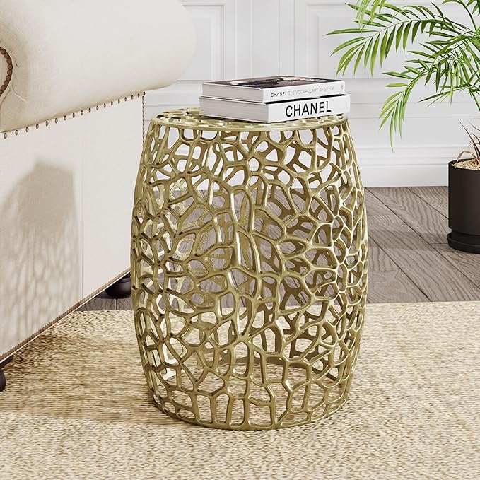 Christopher Knight Home Helast Aluminium Side Table, 14.00'' W Round Sofa Side Table, Modern Indoor Accent Table for Living Room Bedroom Home Office, Abstract Hollow, Gold