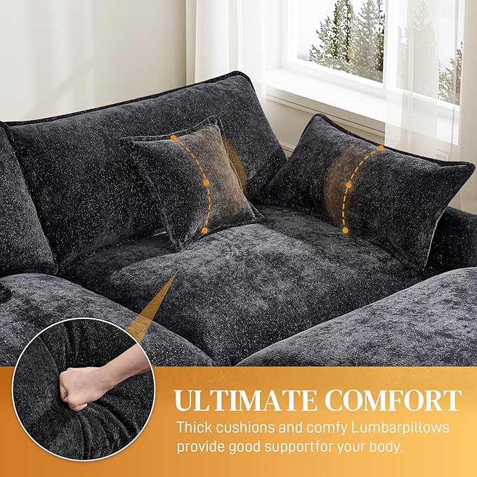 HYJT-H&K 145" U Shaped Cloud Couch Modular Black Fluffy Sectional Couches for Living Room, Comfy Chenille Oversized Cloud Couch Sectional, 6 Seat Large Sectionals Sofa Set Central Console USB