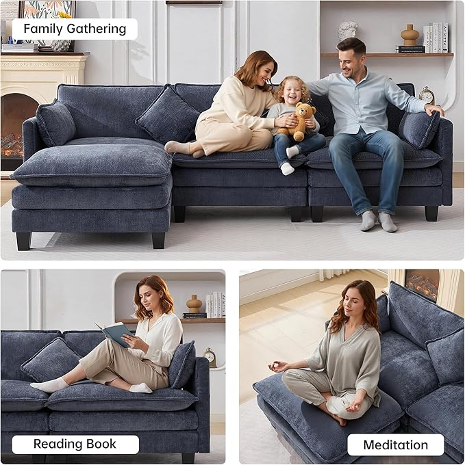 108" Modular Sectional Couches for Living Room with Ottoman, L Shaped Cloud Couch with Charger, USB & Type-c Port, Comfy 4 Seats Sofas with Deep Seat, Chenille Fabric, Blue