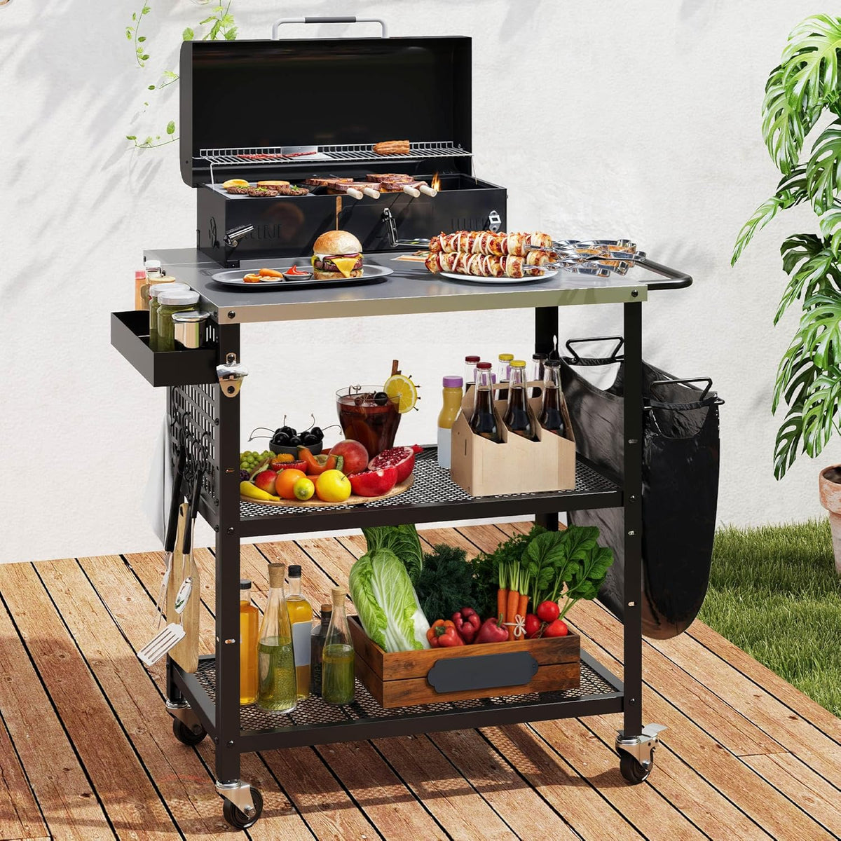 YITAHOME Outdoor Grill Cart Pizza Oven Table with Stainless Steel Top and Drop Leaf, Outdoor Grill Table with Adjustable Three-Tier Shelf and Spice Rack, Movable Bar Table for Patio, Garden, BBQ