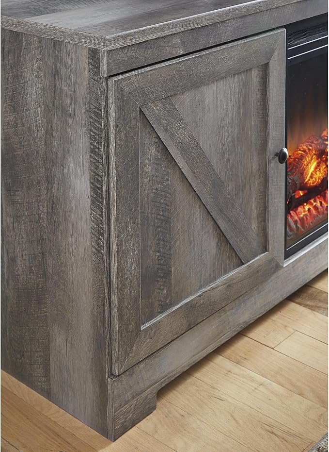 Signature Design by Ashley Wynnlow Rustic 4-Piece Entertainment Center for TVs up to 72" with Electric Fireplace, LED Lighting and Adjustable Temperature, Gray