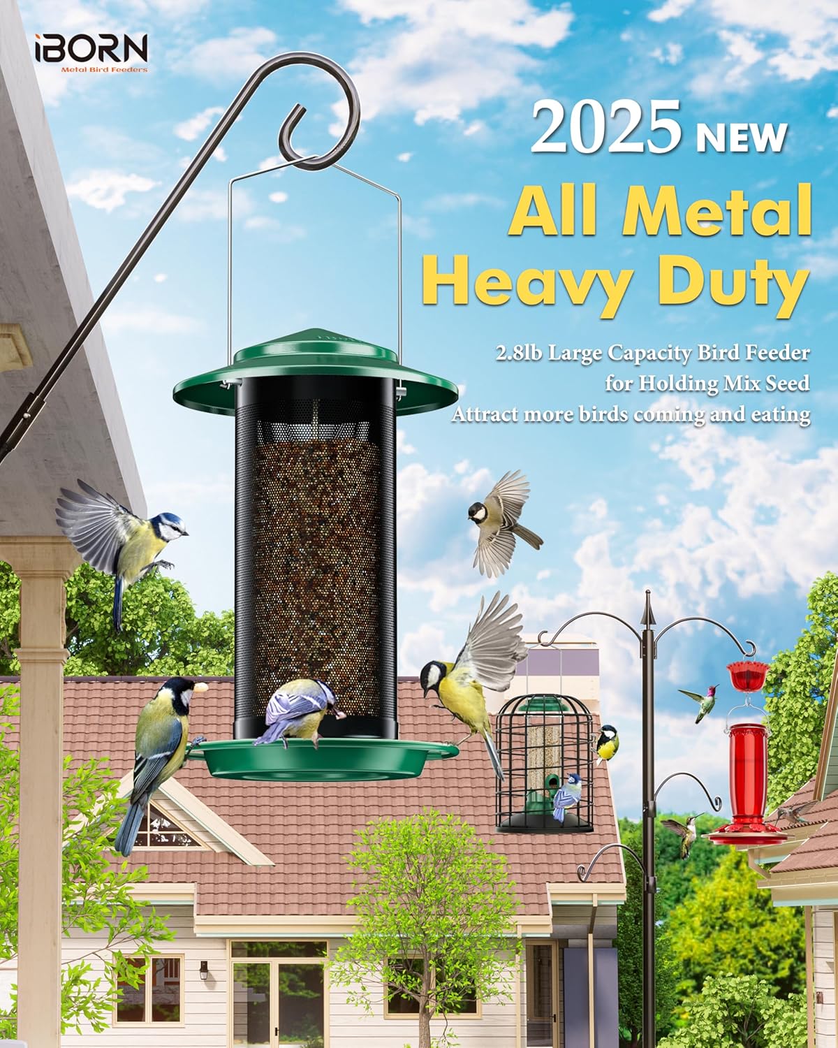 iBorn Bird Feeders for Outdoors, All Metal Mesh Tube, Holding Bird Seed for Outside Feeders,18cm Large Roof, Green, 2.8lb(Seed is not Included)