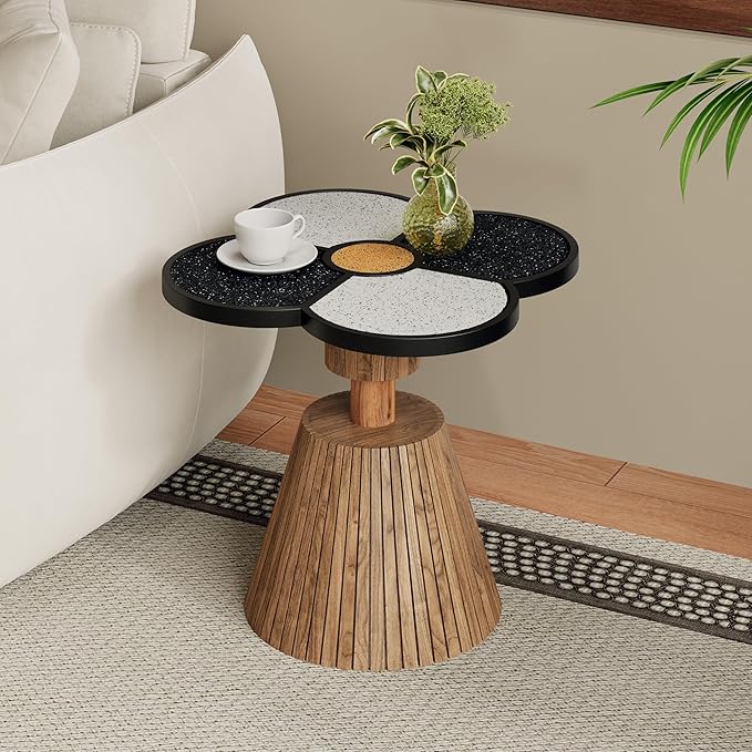 Christopher Knight Home Maven Four-Leaf Clover Side Table for Living Room, Modern Sofa End Table, Wooden Accent Table with Pedestal Base, Natural+Black+White