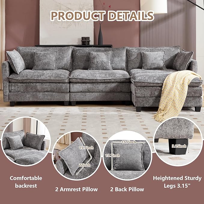 Plush Modular Cloud Sofa Set with Ottoman | L/U-Shaped Deep Seating Chenille Sectional for Family Living Room