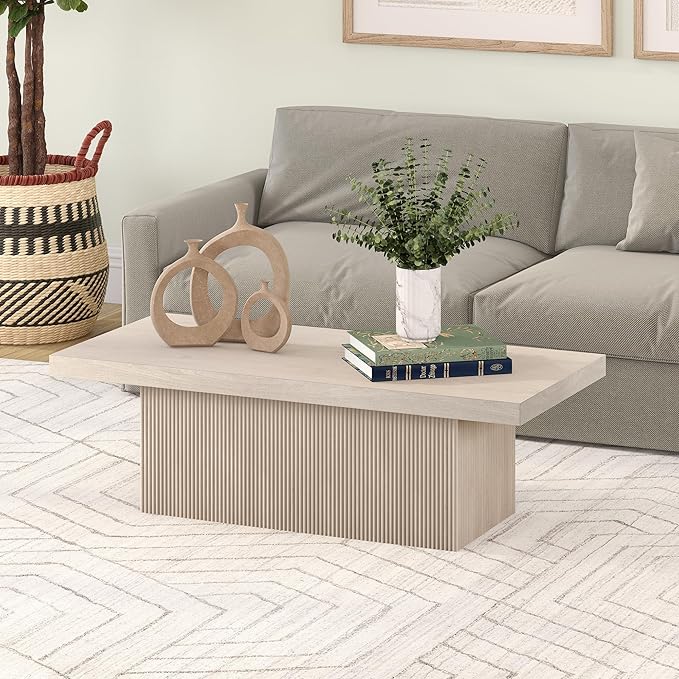 Henn&Hart 48" Fluted Low-Profile Coffee Table with Solid Base for Living Room, Family Room, or Office, Alder White