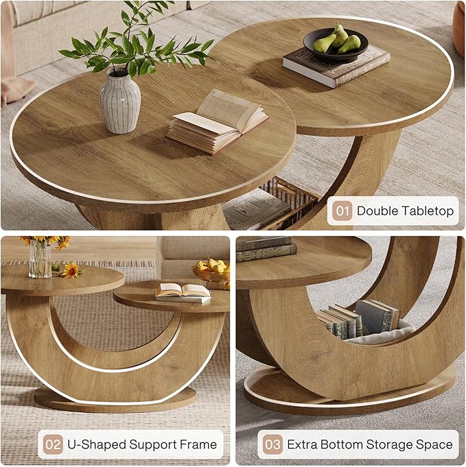Tribesigns 46-inch Round Coffee Table, Modern Living Room Coffee Table with Funky U-Shaped Frame, Low Accent Center Tea Table for Home, Apartment, Oak