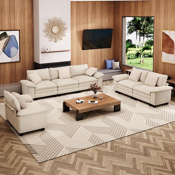 U-Shaped Cloud Modular Sofa Set, Deep Seat 3-Piece 6-Seater Sectional Couch & Removable Arms, Plush Chenille for Living Room - Beige