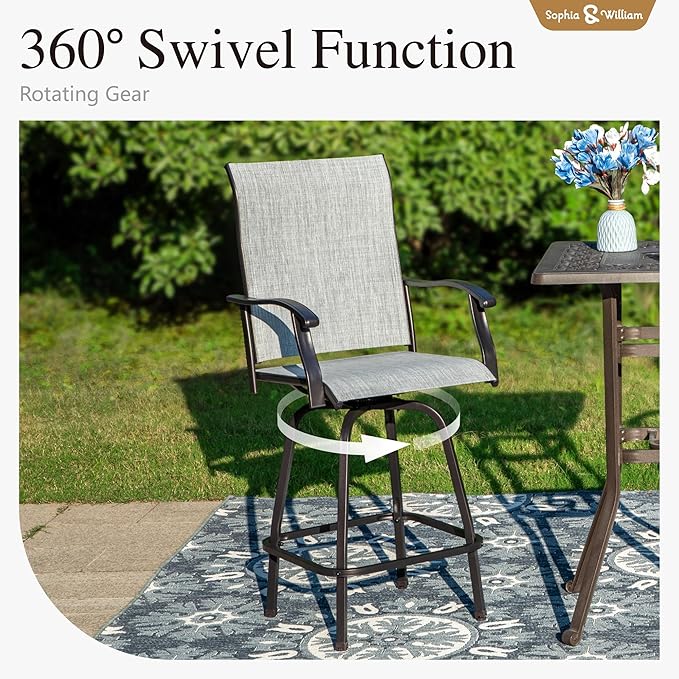 Sophia & William Swivel Bar Stools Set of 2, Bar Height Chairs, Outdoor Bar Chairs, High Top Patio Chairs, Supports 300 lbs (Grey Fabric)