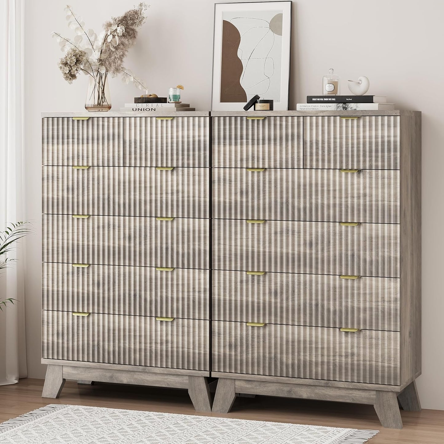 Fluted Dresser for Bedroom with 6 Drawers, 46" Tall Modern Chest of Drawers with Metal Handle, Wooden Dresser TV Stand, Wood Closet Clothes Storage Organizer for Living Room, Hallway, Grey
