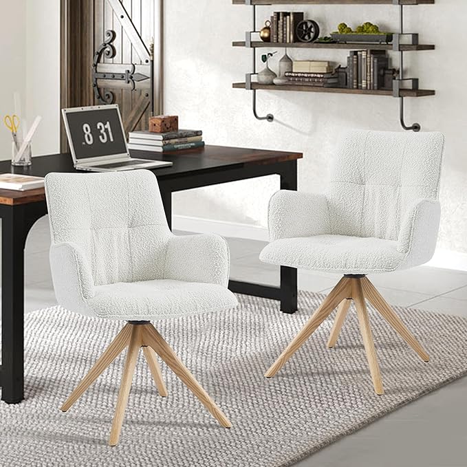 Art Leon Mid Century Swivel Chair - Boucle Fabric Upholstered Desk Chair No Wheels, Accent Armchair with Oak Wood Legs for Small Space Living Room Bedroom, Set of 2, Off White