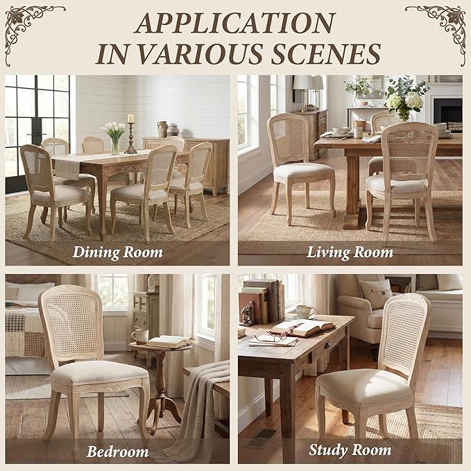 Wicker Dining Chairs Set of 2, Upholstered Linen Fabric Dining Room Chairs with Square High Rattan Back Farmhouse French Kitchen Chairs for Dining Table/Living Room/Restaurant, Cream