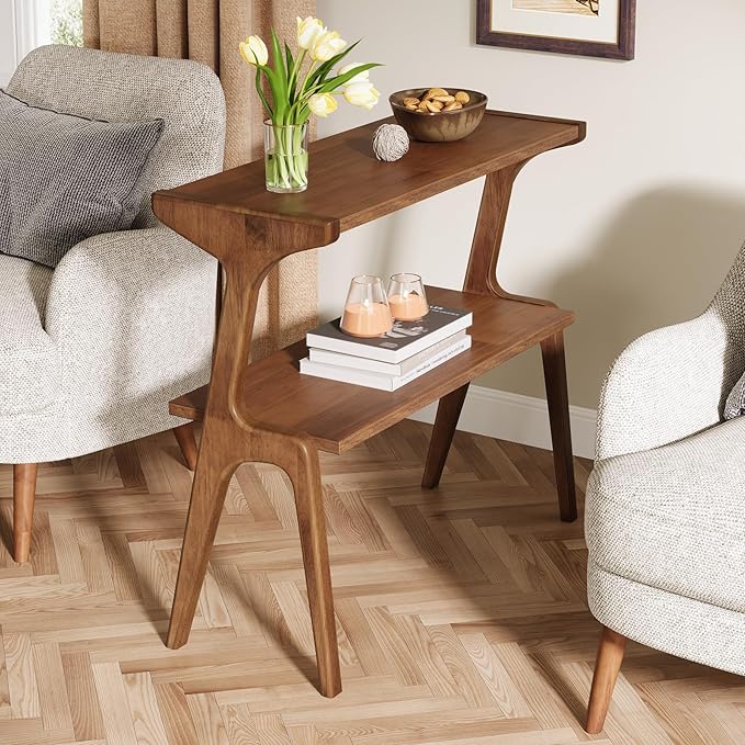 Tribesigns Solid Wood Side Table, 2-Tier Farmhouse Couch Side Table, Rustic Slim Tall Sofa End Table with Storage Shelf for Living Room, Skinny Bedside Table, Nightstand for Bedroom, Rustic Brown