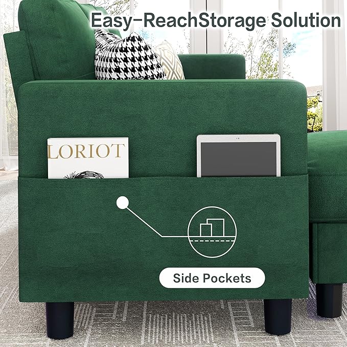 JY QAQA Convertible Sectional Sofa Couch with 3-Seat Sofa, L-Shaped Ottoman Couch with Modern Linen Fabric for Small Living Room, Apartment and Small Space(Green)