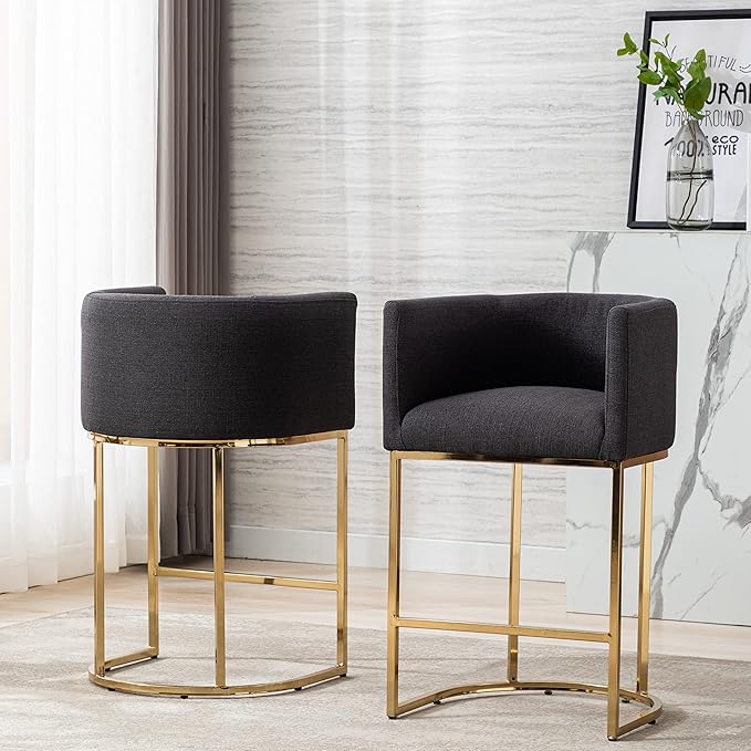 Contemporary Charcoal Linen Bar Stool, 29" Upholstered Fabric Counter Height Barstool Kitchen Counter Island Stool with Golden Metal Base