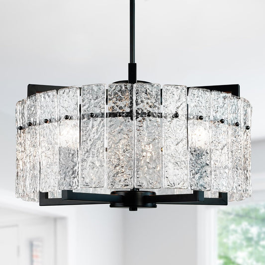 IKK Modern Black Crystal Chandeliers for Dining Room, Luxury Water Ripple Glass Light Fixture, Elegant Farmhouse Round Lighting for Kitchen Island, Bar Table, D20