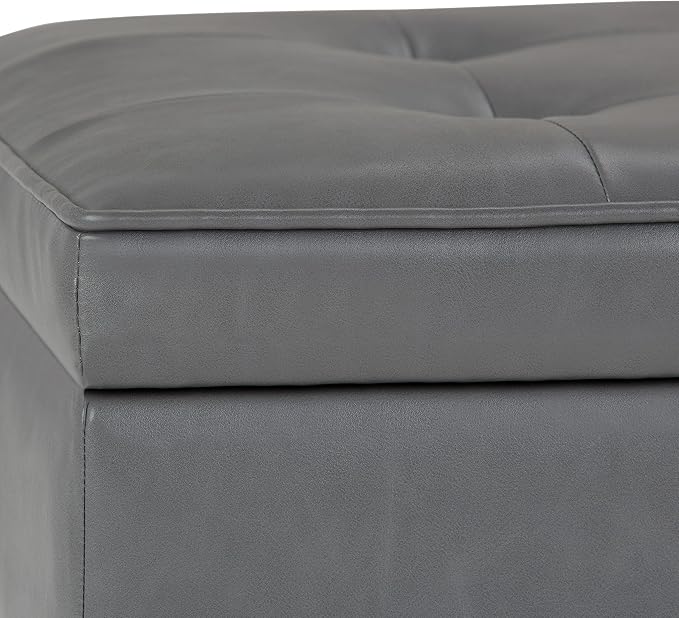 SIMPLIHOME Cosmopolitan Storage Ottoman Bench - 44 inch Wide Upholstered Vegan Leather Rectangle Storage Ottoman in Stone Grey, Transitional Bench for Bedroom with Tufted Lift-Top and Open Shelf