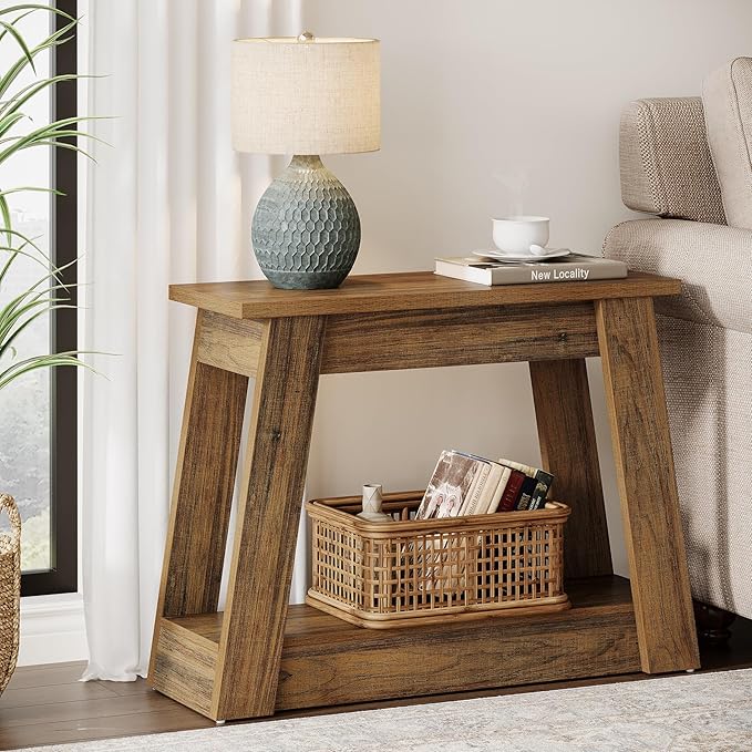 Tribesigns Wood End Table, Small Side Table with 2 Storage Shelves, Rustic Accent Narrow Nightstand for Living Room, Bedroom (1)