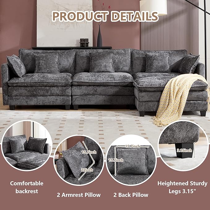 Plush Modular Cloud Sofa Set with Ottoman | L/U-Shaped Deep Seating Chenille Sectional for Family Living Room