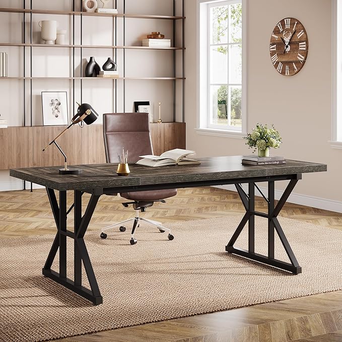 Tribesigns 70.86-Inch Large Executive Desk, Industrial Home Office Computer Desk, Simple Long Writing Study Table Business Furniture (Oak/Black)