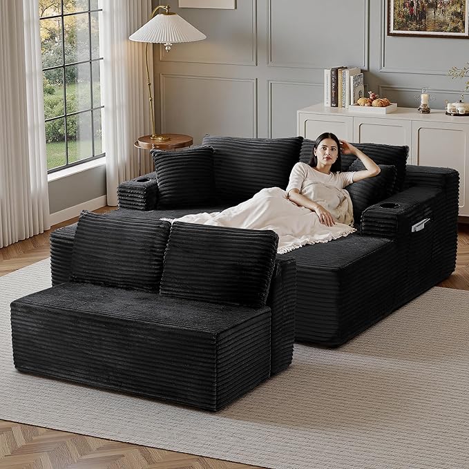 134''Oversized Modular Sectional Sofa Boneless Cloud Couch with Chaise Comfy Sectional Couches for Living Room,Bedroom,Apartment (Black, 134''W U-Shaped)