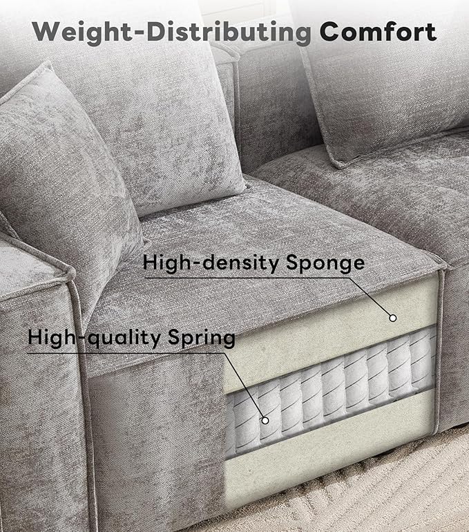 WILLOVE 109'' Modular Sectional Sofa, Chenille Cloud Couch with Wide Armrests & 5 Pillows, Deep Seat Couches for Living Room, Grey