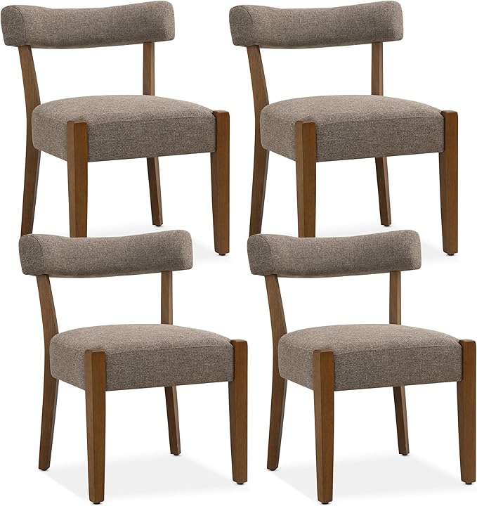 Modern Dining Chairs Set of 4, Walnut Upholstered Kitchen & Dining Room Chairs, Mid Century Wooden Dining Chairs Oversized Sturdy Fabric Rounded Chairs Curved Back, Tan Brown