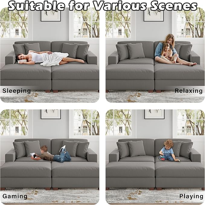 Modular Sectional Couches for Living Room, Modern Loveseat 2-Seater Sofa Couch with Ottoman, Upholstered Couches for Living Room Bedroom, Light Grey