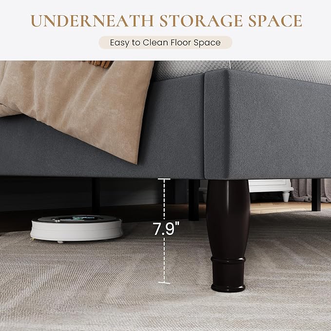 SHA CERLIN King Size Platfrom Bed Frame with Adjustable Headboard/Velvet Upholstered Diamond Button Tufted and Metal Studs/No Box Spring Needed/Easy Assembly/Woodenen Slat Support/Light Grey