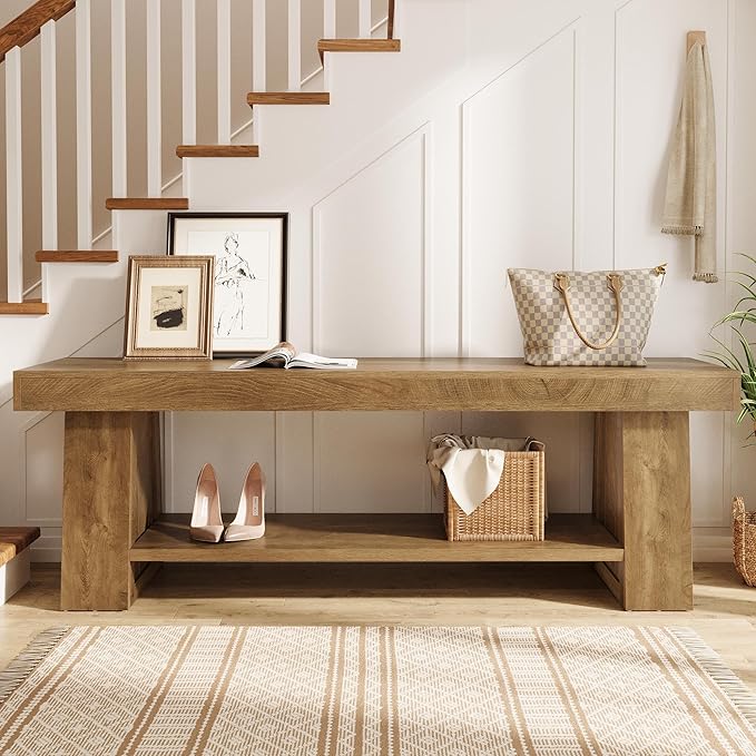 Tribesigns 63" Wooden Entryway Bench with Storage Shelf, Rustic Extra Long Bench, 2-Tier Hallway Bench for Living Room, Bedroom, Kitchen (Rustic Brown)