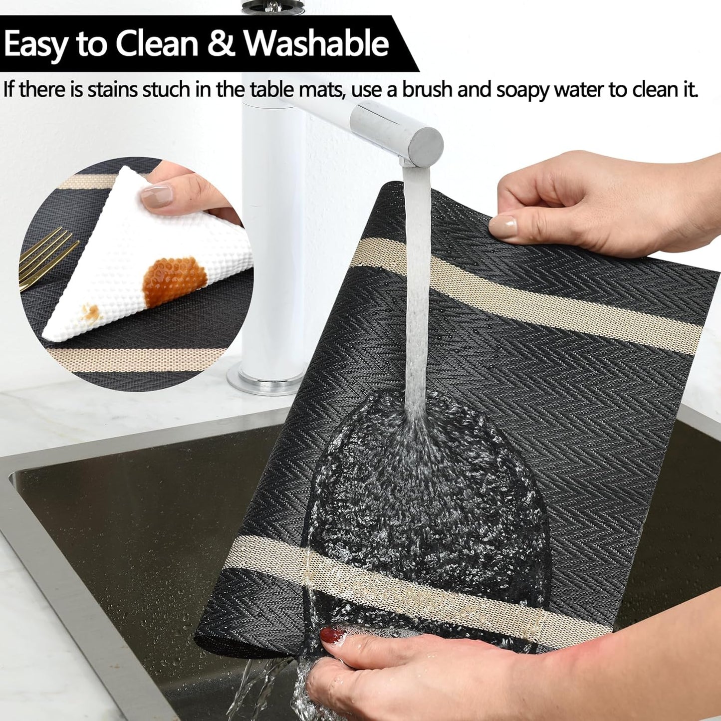 Black Placemats Set of 8 - Easy Clean Modern Durable Washable Vinyl Place Mats - Heat Resistant Placemats for Kitchen Table - PVC Table Mats for Dining Table (Black with Stripes, 8)