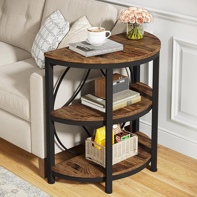 Tribesigns Half Round End Table for Living Room Set of 2, 3-Tier Half Side Table with Metal Frame, Industrial Half Moon Table, Half Circle Accent Table for Entryway, Bedroom, Rustic Brown