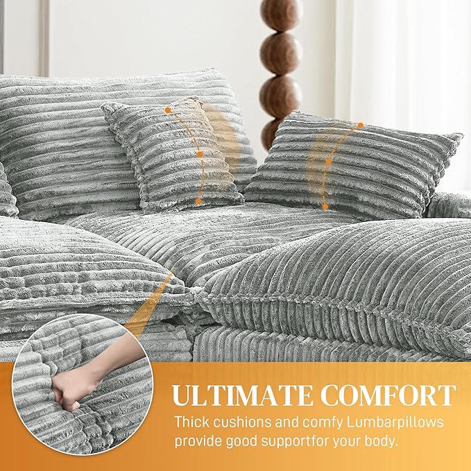 HYJT-H&K 145" U Shaped Cloud Couch Modular Light Grey Sectional Couches for Living Room, Comfy Fluffy Corduroy Oversized Cloud Sectional Couch Large 6 Seat Sectionals Sofa Set Central Console USB Port