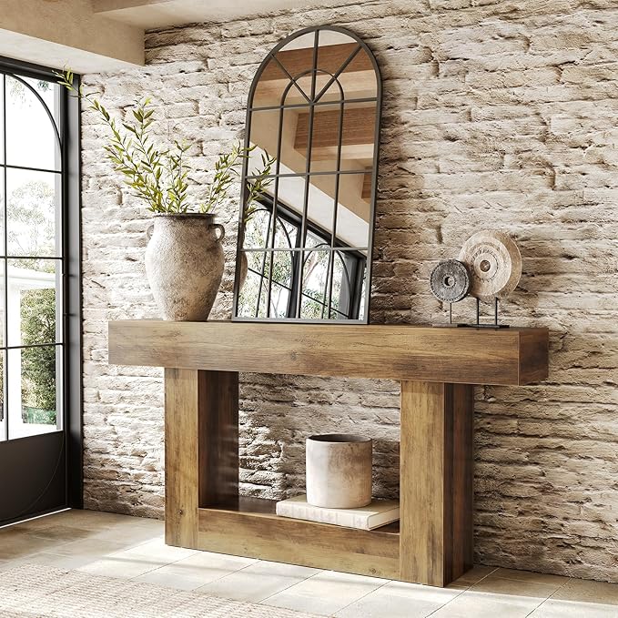 LITTLE TREE 63 Inches Long Console Table, 2-Tier Farmhouse Sofa Table Behind Couch, Large Narrow Entryway Table for Living Room, Wooden Hallway Foyer Table with Heavy Duty Base, Rustic Brown