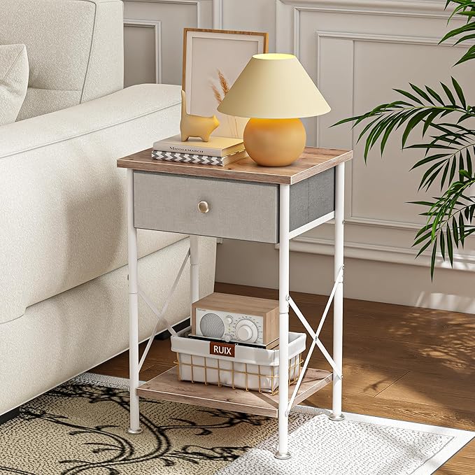 VECELO End Tables, Modern Nightstand with Fabric Drawer & Open Shelf, Night Stand for Bedroom Living Room, Industrial Metal Frame, Easy Assembly, Light Brown,1 Pack