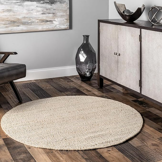 nuLOOM 6 Round Elfriede Jute & Cotton Hand Woven Area Rug, Natural, Solid Rustic Farmhouse Style, Weaved Design, Natural Fiber, For Bedroom, Living Room, Dining Room, Hallway, Office, Entryway