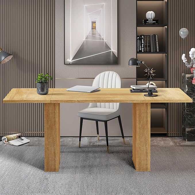 LEVNARY 78 Inch Long Executive Desk, Large Office Desk with Wood Strip Base, Modern Farmhouse Computer Desk Business Furniture for Home Office (Natural Oak)