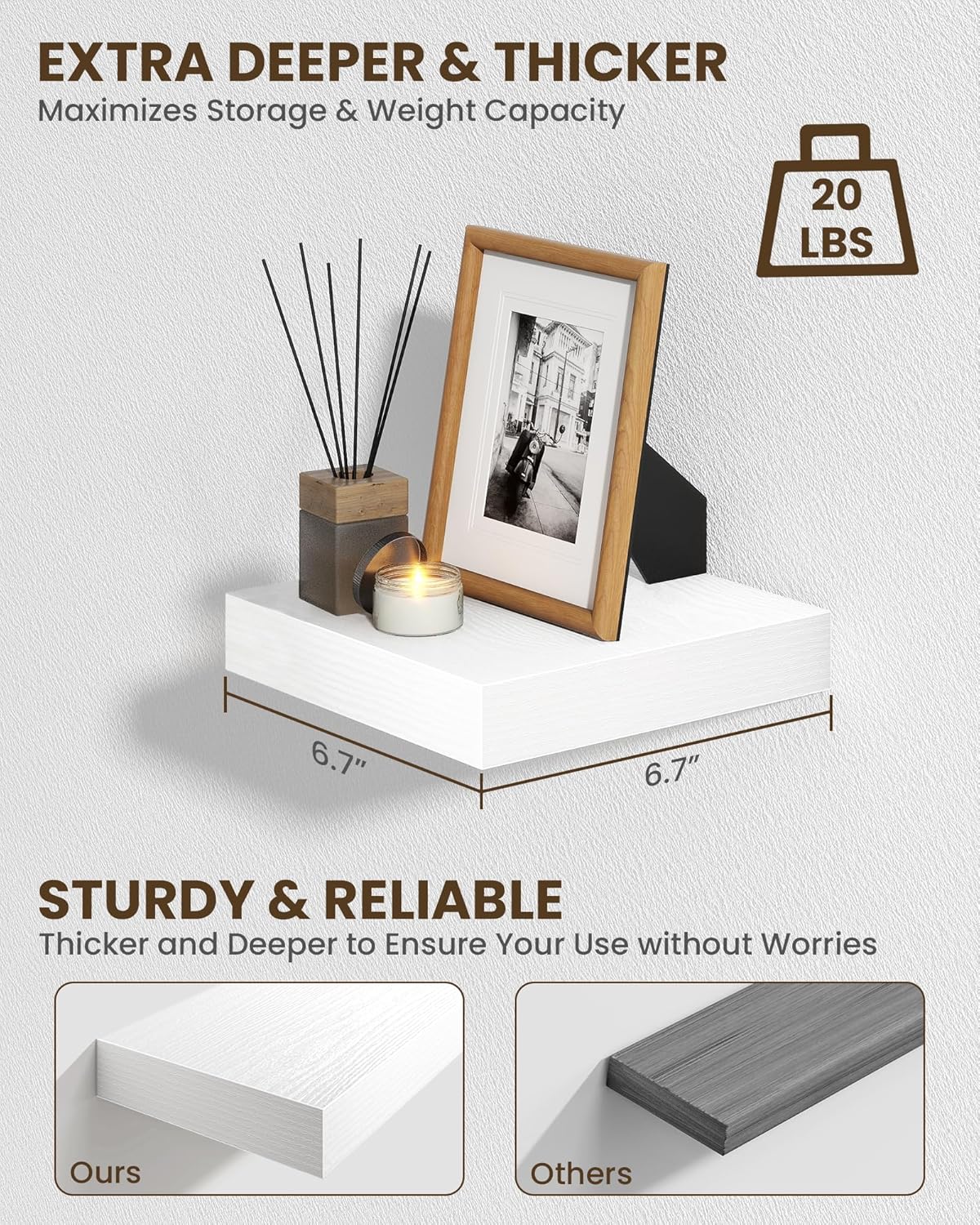 Marsmiles 6.7" Floating Shelves for Wall, Wooden Shelves with Invisible Brackets Set of 2, Rustic Farmhouse Wall Mounted Shelf for Kitchen Bathroom Living Room Study, White