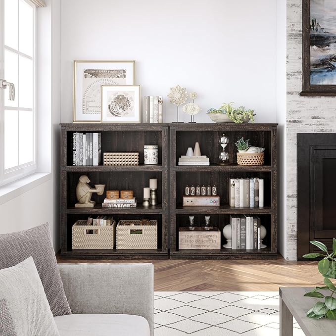 IDEALHOUSE 3 Tier Bookcase, Farmhouse Book Shelf with Storage, Low Book Case Wooden 3 Shelf Bookcase for Home Office, Living Room, Bed Room (Oak, 40.0" H x 31.5" W x 12.2" D)