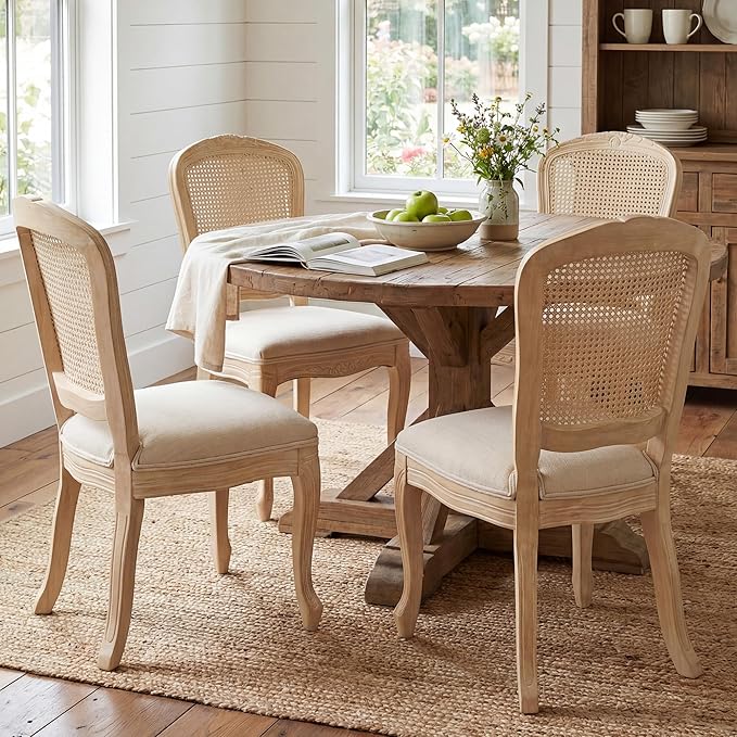 Wicker Dining Chairs Set of 2, Upholstered Linen Fabric Dining Room Chairs with Square High Rattan Back Farmhouse French Kitchen Chairs for Dining Table/Living Room/Restaurant, Cream