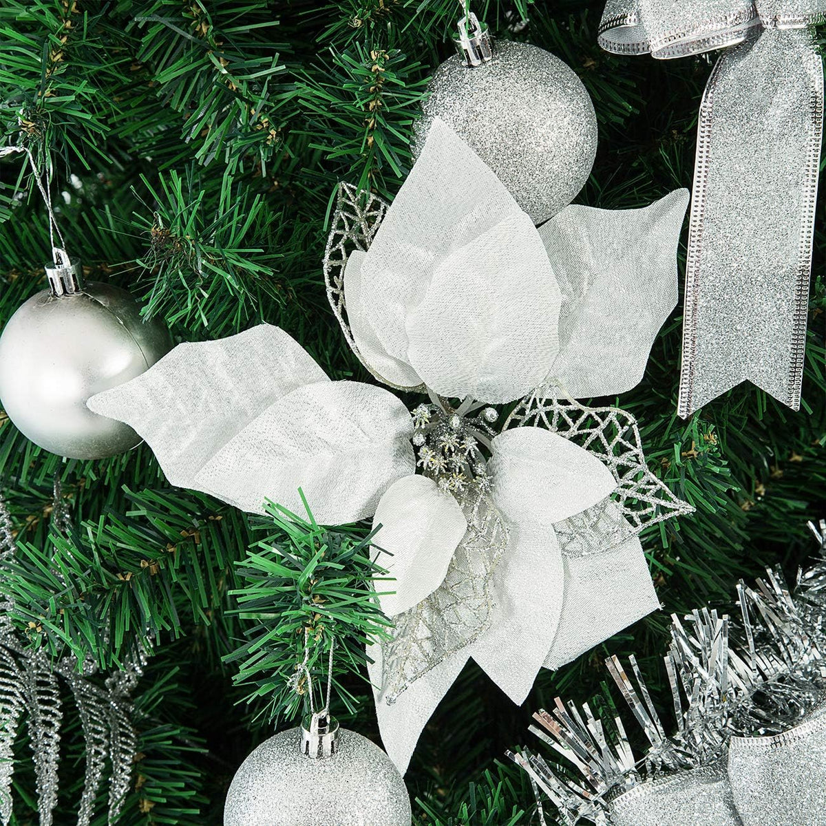 Sunnyglade 94 PCS Christmas Tree Ornaments Set with Glitter Poinsettia, Bows, Ribbons, Leaves & Assorted Decoration Ball for Xmas Tree Holiday Wedding Party Decorations (Silver White)