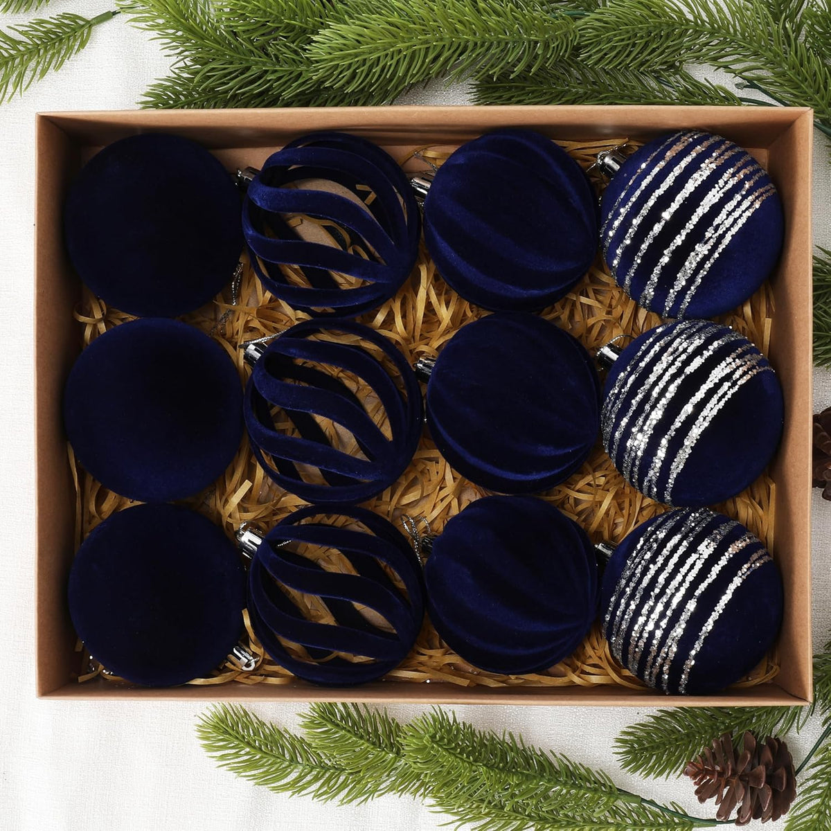 Christmas Ornaments Set of 12, 3.15" Flocked Velvet Balls with Hand Painted Designs, Navy Blue Elegant Christmas Tree Decorations in Gift Box