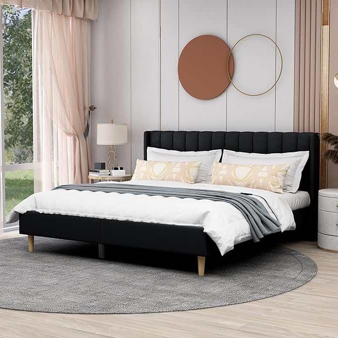 AGARTT Upholstered Platform Bed Frame King Size with Headboard and Footboard/Wooden Slats Support/No Box Spring Needed/Easy Assembly,Black Linen