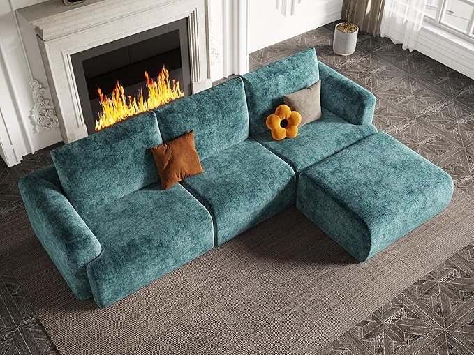 EASE MOOSE Sectional Cloud Couch for Living Room, Modular Boneless Sofa Large L-Shaped, Modern Cloud Sofa Set with Fluffy Foam, Oversized 4-Seater Deep Sofas with Ottoman for Bedroom, Chenille (Blue)